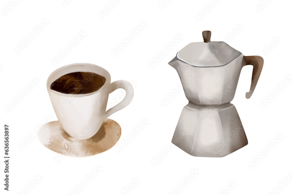 Coffee vector set, Watercolor. Italian mocha, espresso. Colorful printable set for banner, greeting card, poster, invitation