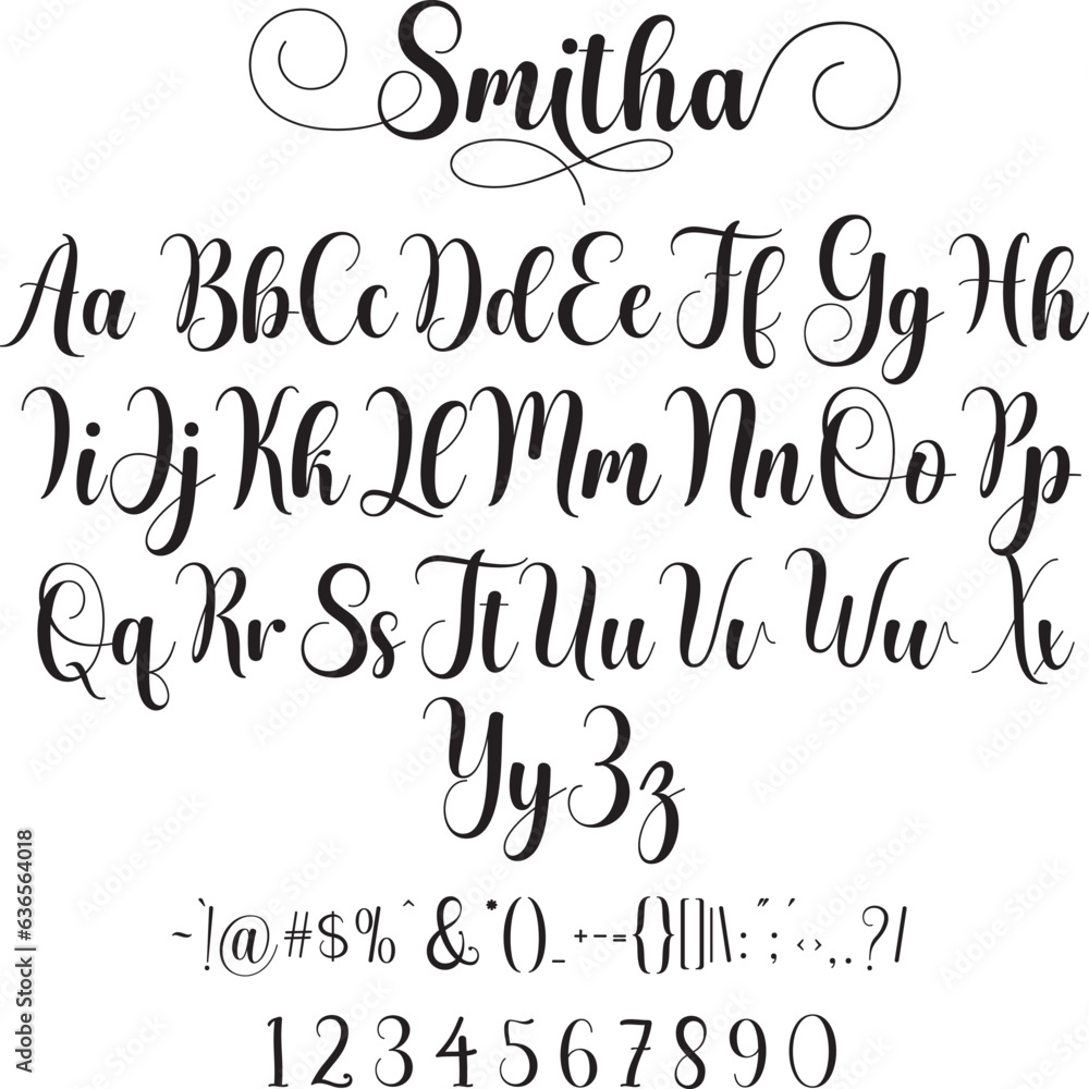 Smitha is a delicate, elegant, and flowing handwritten font perfect for your favorite projects. Fall in love with its incredibly distinct and timeless style, and use it to create spectacular designs! Smitha is a delicate, elegant, and flowing handwritten font perfect for your favorite projects. Fall in love with its incredibly distinct and timeless style, and use it to create spectacular designs!