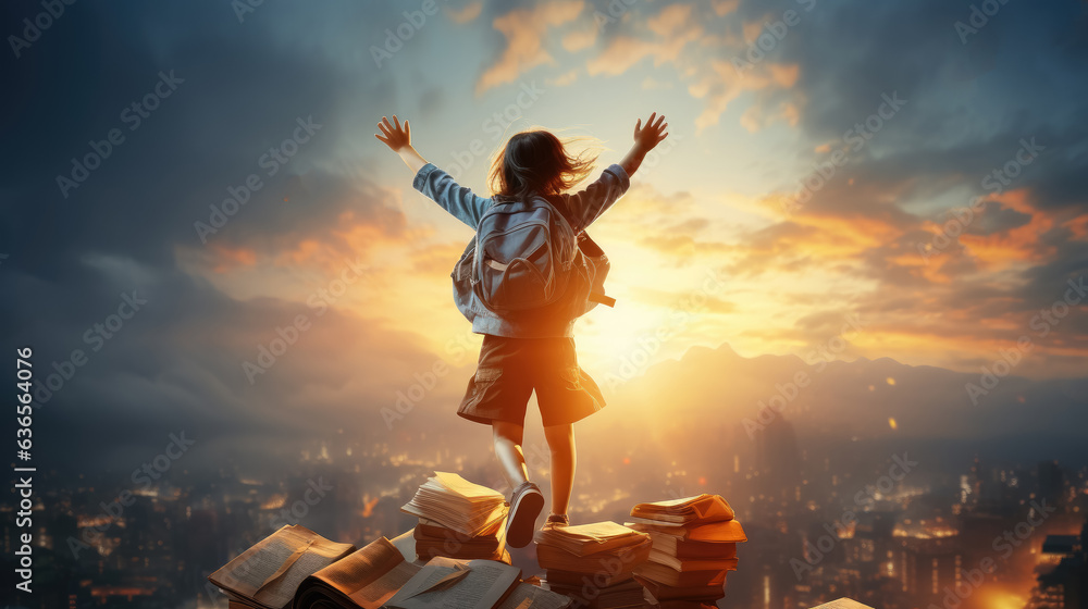 Back view of schoolboy jumping and having fun go to school , The development of the imagination of elementary school kids , Concept of education and reading , Created with Generative Ai Technology - obrazy, fototapety, plakaty 