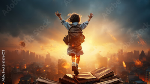 Back view of schoolboy jumping and having fun go to school , The development of the imagination of elementary school kids , Concept of education and reading , Created with Generative Ai Technology