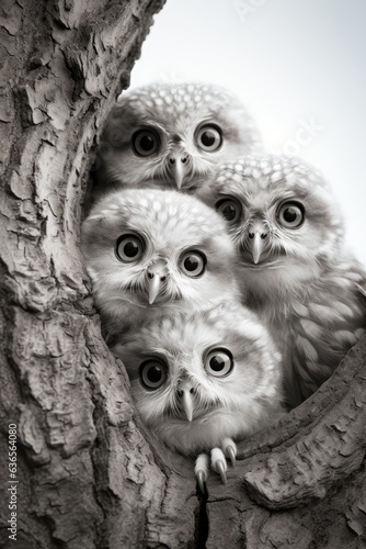little owls in a tree black and white