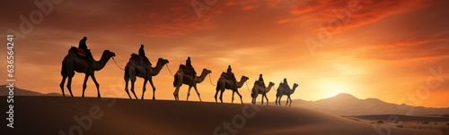 Camels in desert . Beautiful landscape banner