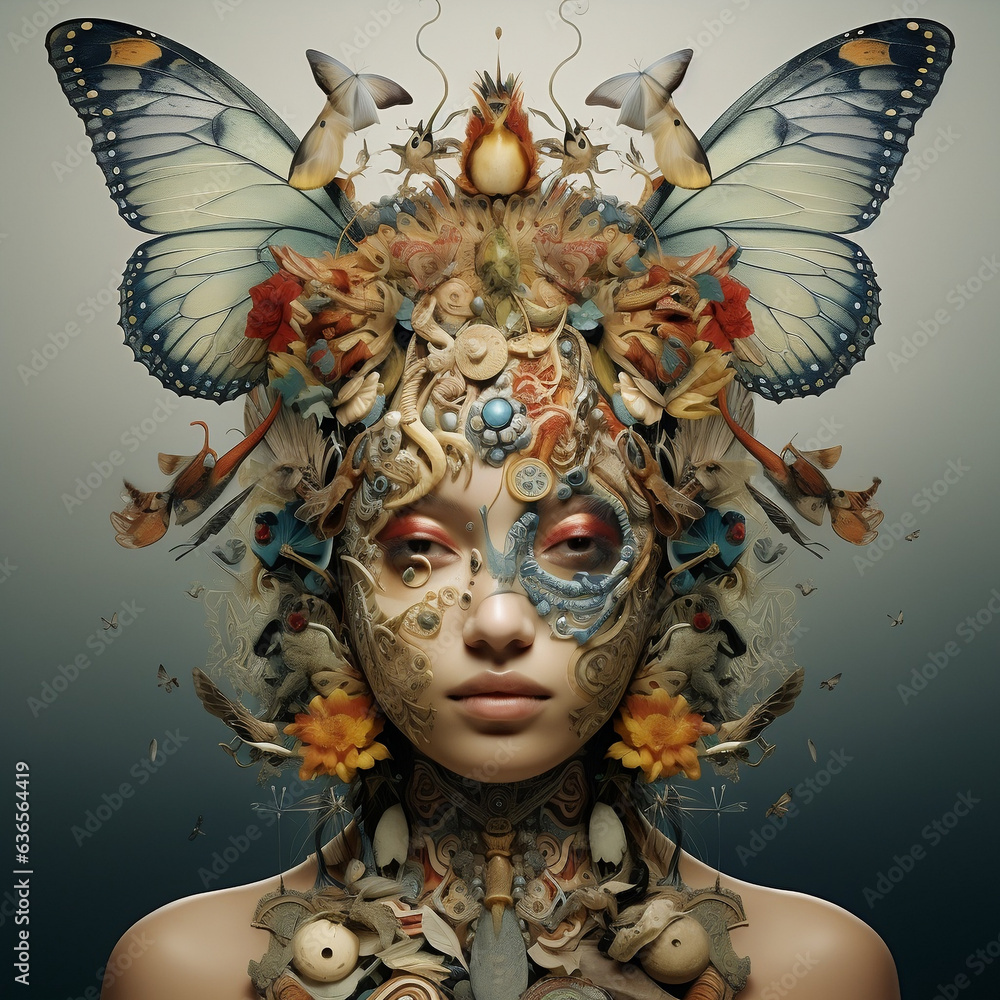Fototapeta premium Kobieta motyl - abstrakcyjny portret postaci z magicznymi włosami i skrzydłami motyla 