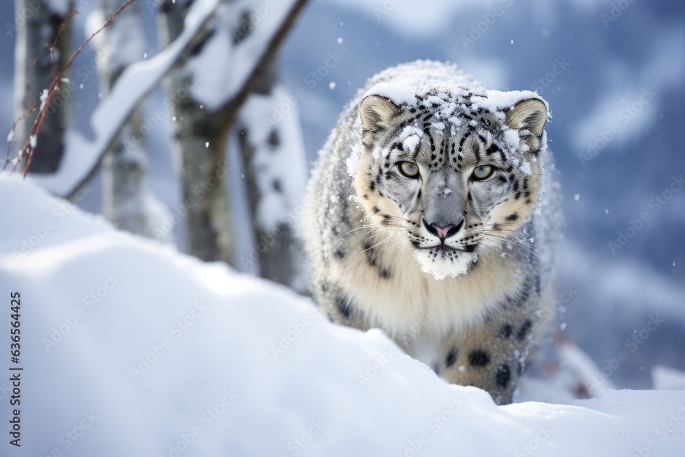 Snow Leopard stalk out of snow