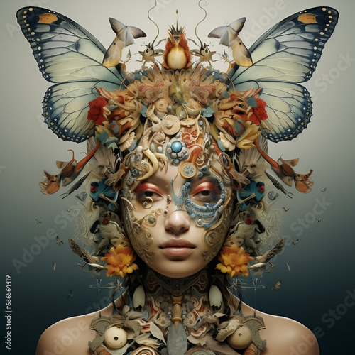 Kobieta motyl - abstrakcyjny portret postaci z magicznymi włosami i skrzydłami motyla 
