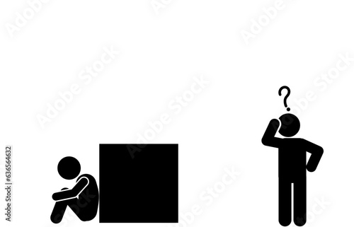 illustration of a stickman, stick figure or pictogram hiding, or stickman looking
