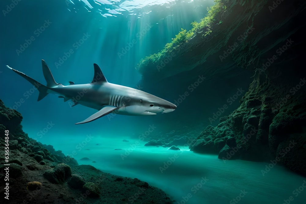 Fototapeta premium Sharks underwater from inside a cave underwater