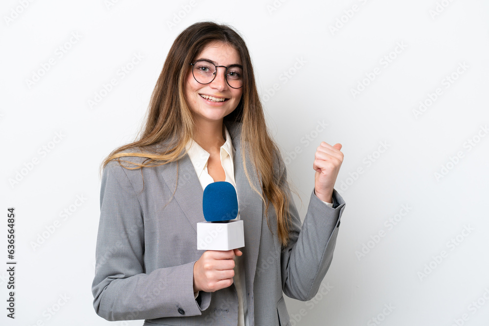 Young caucasian TV presenter woman isolated on white background pointing to the side to present a product Young caucasian TV presenter woman isolated on white background pointing to the side to present a product
