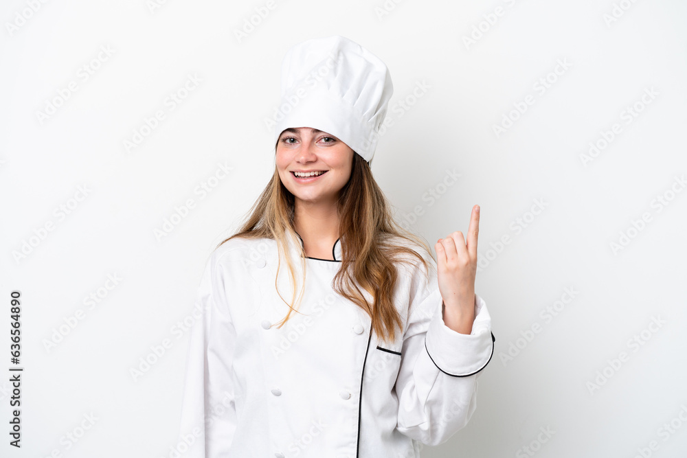 Young caucasian chef woman isolated on white background pointing with the index finger a great idea Young caucasian chef woman isolated on white background pointing with the index finger a great idea