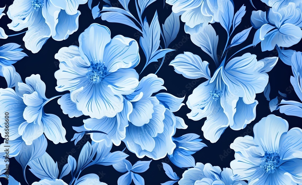 Blue classic seamless floral design background leaf vintage illustration pattern flower. Generative AI. 