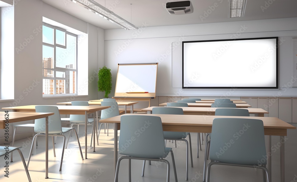Empty modern classroom with white Interactive board 3d. Generative AI. 
