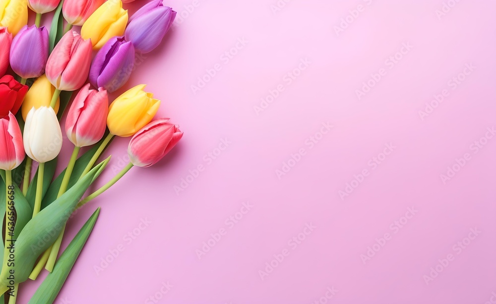 Spring tulip flowers on pink background top view in flat lay style. Greeting for Women's or Mothers Day. Generative AI.