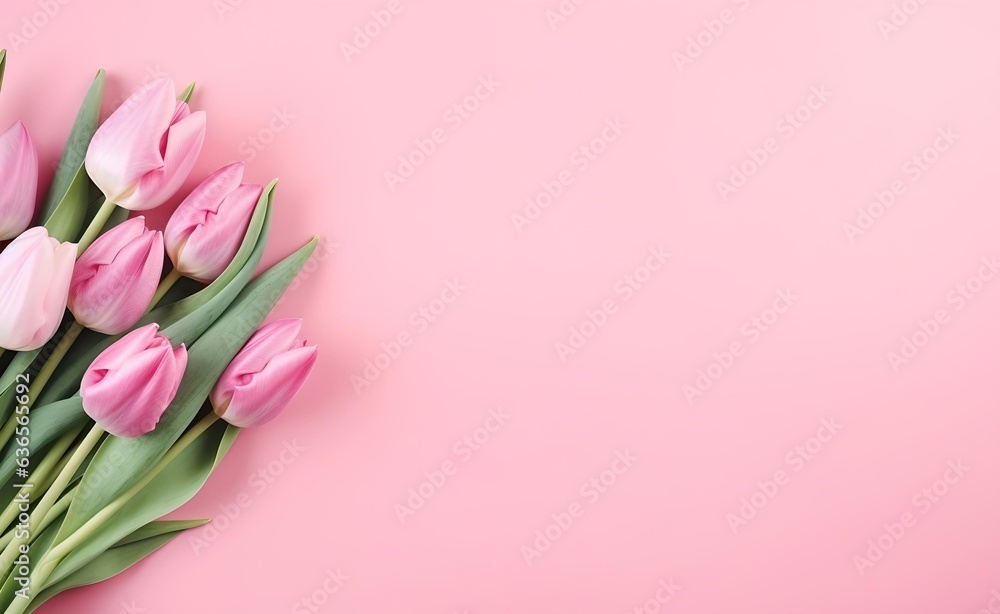 Spring tulip flowers on pink background top view in flat lay style. Greeting for Women's or Mothers Day. Generative AI.