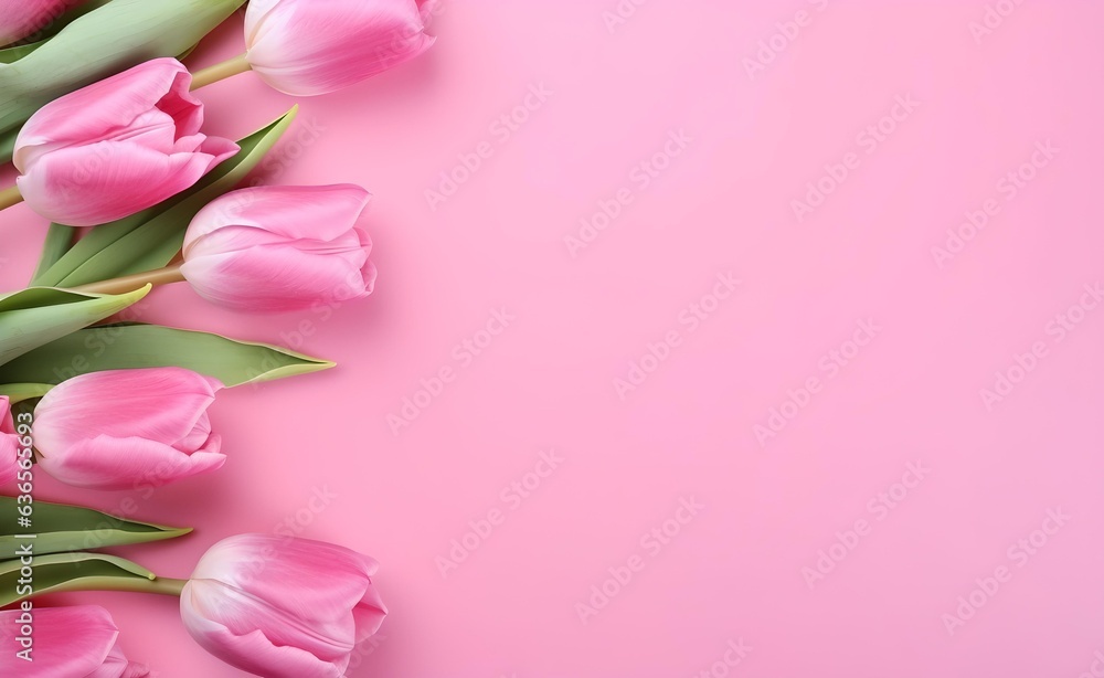 Spring tulip flowers on pink background top view in flat lay style. Greeting for Women's or Mothers Day. Generative AI.