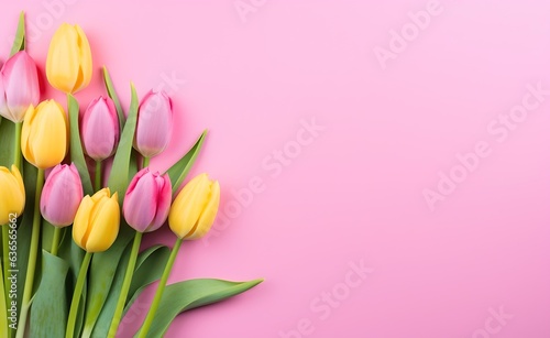 Spring tulip flowers on pink background top view in flat lay style. Greeting for Women's or Mothers Day. Generative AI.