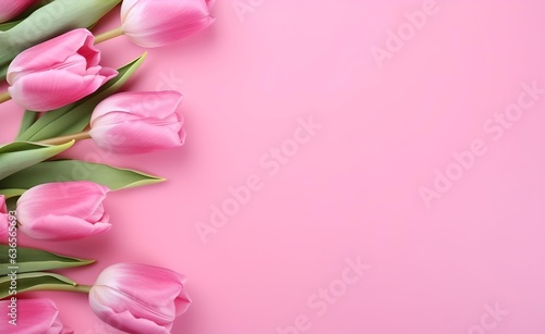 Spring tulip flowers on pink background top view in flat lay style. Greeting for Women's or Mothers Day. Generative AI. © Curioso.Photography