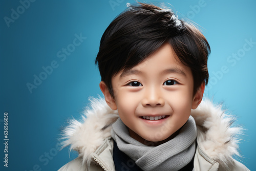 studio portrait of cute little asian boy in coat on different colour backgrounds. Autumn and winter theme