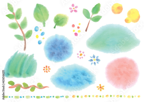 透明水彩の手描きの植物と素材のセット