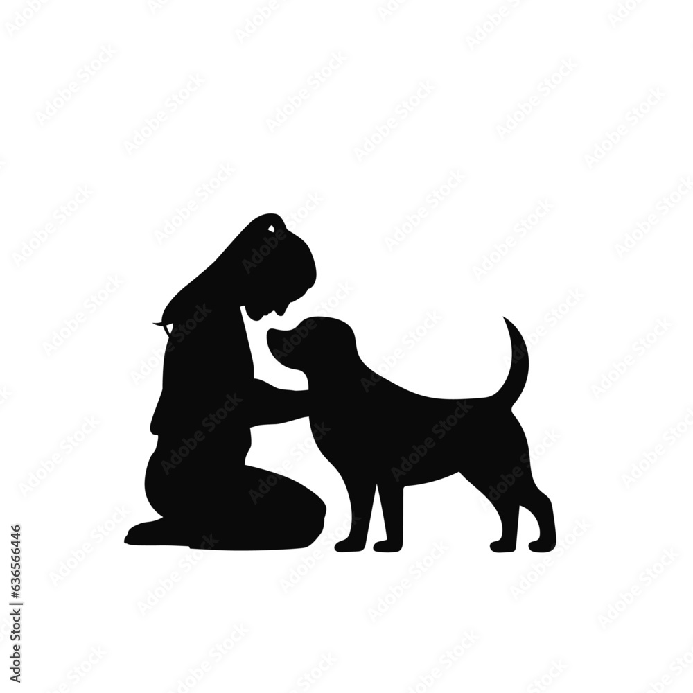 Woman hugging her dog, love pet, pet lover silhouette