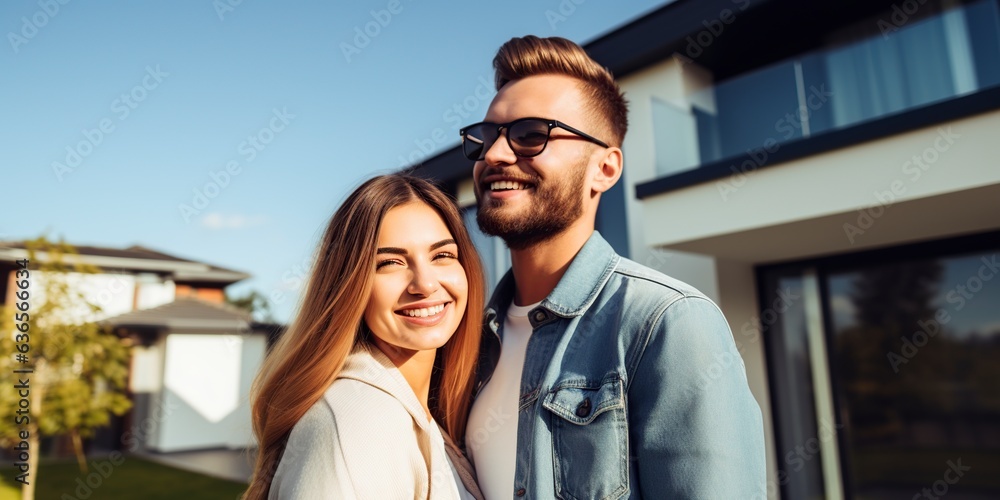 happy young couple standing in front of a new home