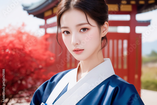 A young Korean model, short black hair, wearing a hanbok, looking graceful, traditional pavilion backdrop.
 photo