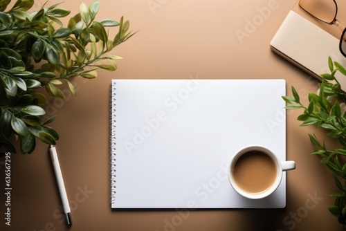 Top view workspace notebook, pen and coffee with plant on wooden table