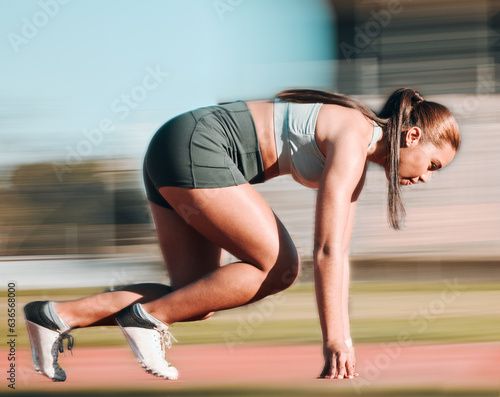 Start, running and fast with woman on race track for fitness, speed and marathon exercise. Competition, health and workout with runner training in stadium for energy, sports and cardio performance