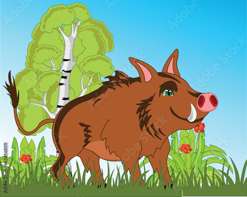 Vector illustration animal wild boar on glade in wood