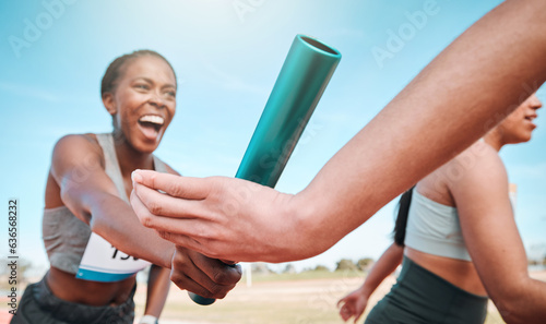 Fototapeta Naklejka Na Ścianę i Meble -  Woman, team and running with baton in relay, marathon or sports fitness on stadium track together. Group of athletes holding bar in competitive race, sprint or teamwork for cardio training or workout