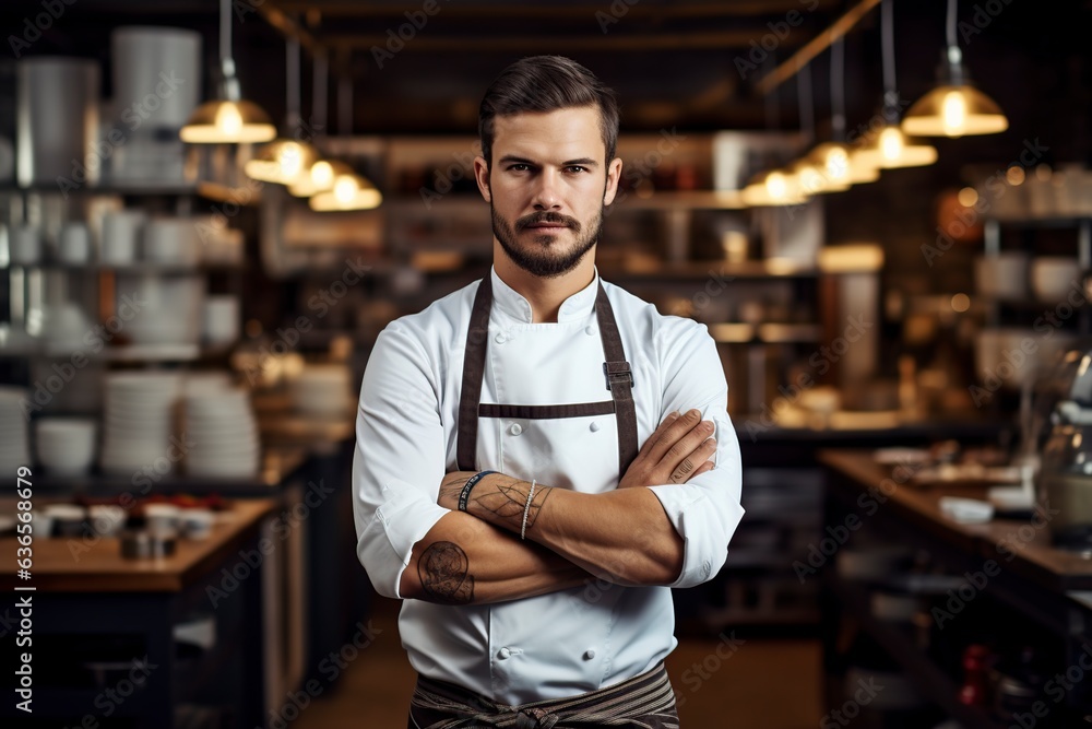Fototapeta premium young chef posing very serious before a camera in the kitchen