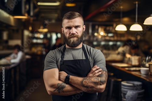 young chef posing very serious before a camera in the kitchen