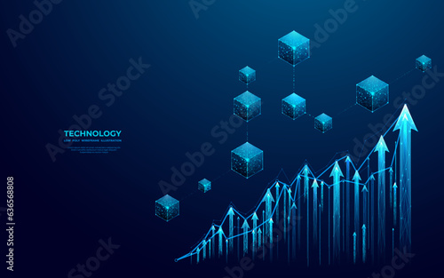 Abstract blockchain hologram and growth graph chart consist of glowing arrows. Digital growing diagram. Cryptocurrency concept. Futuristic low poly wireframe vector illustration with 3D effect.