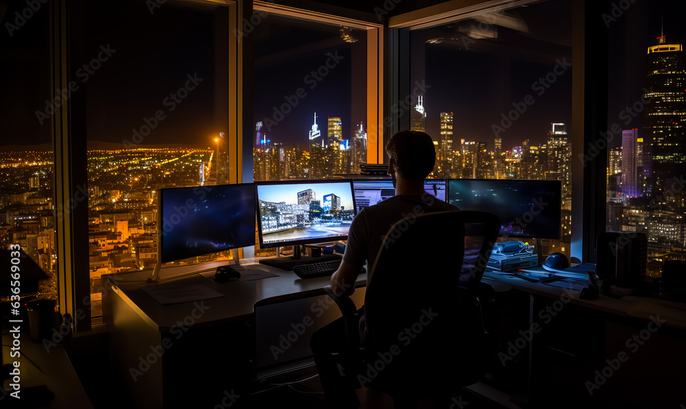 Man sitting at a desk in front of a city skyline at night. Man sitting at a desk in front of a city skyline at night.