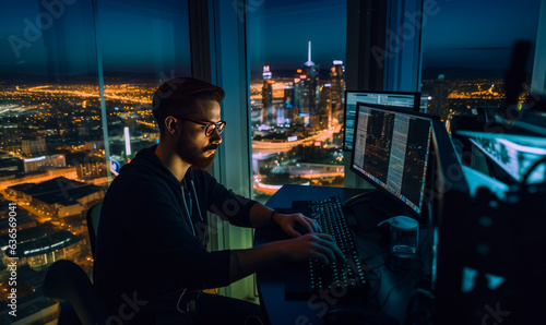 Man sitting at a desk in front of a window with a view of the city at night