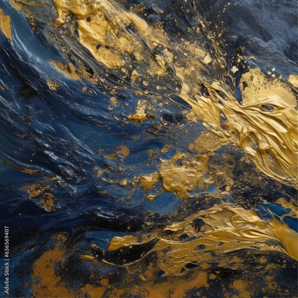 Blue marble with gold veins. Textured background. Decorative acrylic paint pouring rock marble texture.