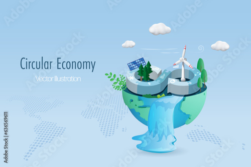 Circular economy symbol in jigsaw with wind turbines, solar panel on world. Sustainable environment strategy of eliminate waste and pollution, renewable and reuse for responsible business. 3D vector. 