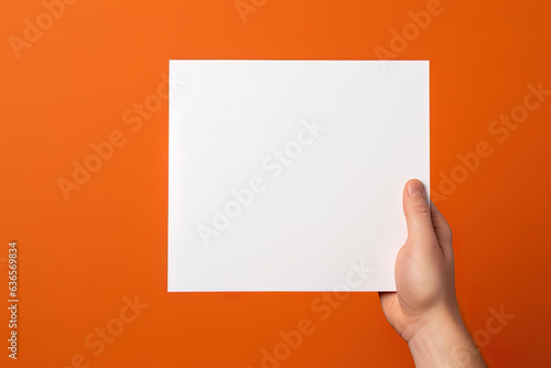 A human hand holding a blank sheet of white paper or card isolated on orange background