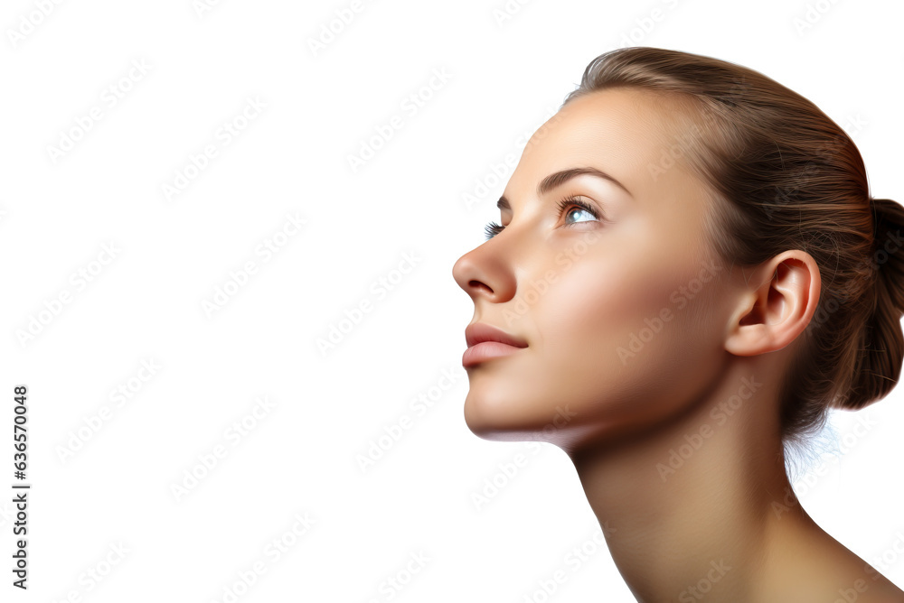 Woman clean and natural face on white background with copy space. Concept of skin care. Woman clean and natural face on white background with copy space. Concept of skin care.