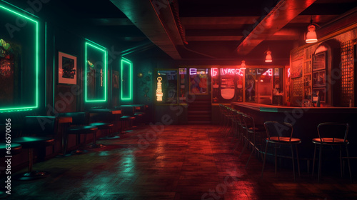Empty dark night club or bar with colorful neon glowing lights. Design interior. Copy space. Generative AI