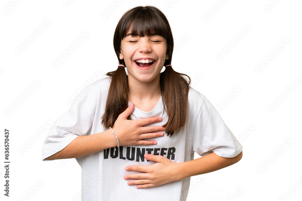 Little volunteer girl over isolated background smiling a lot Little volunteer girl over isolated background smiling a lot