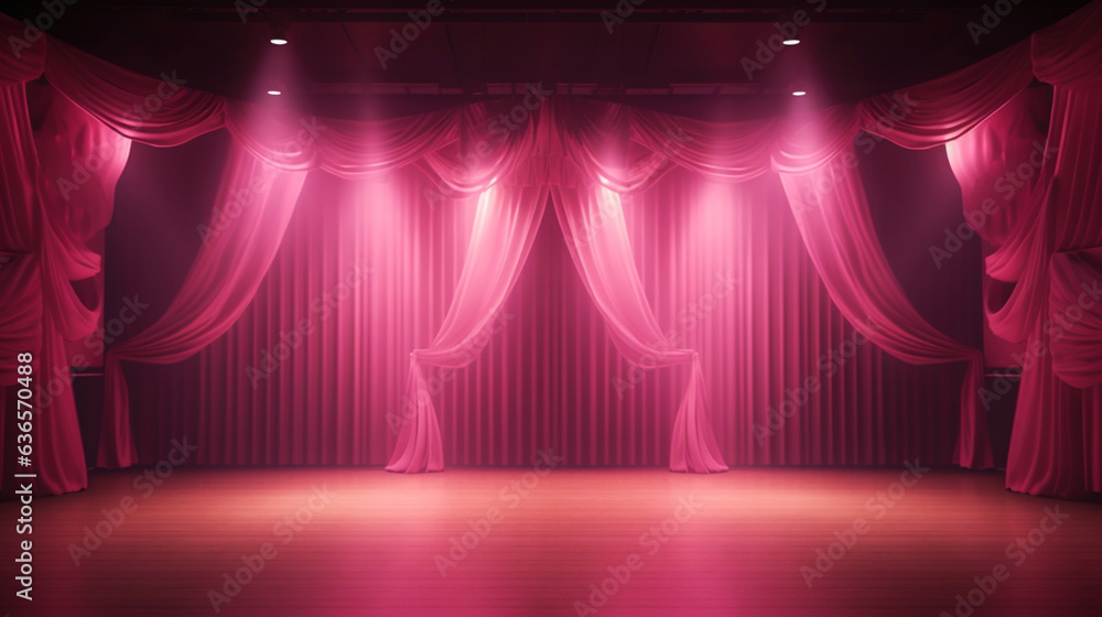 Empty dark stage or podium with pink curtains. Theater or burlesque show. Copy space. Generative AI