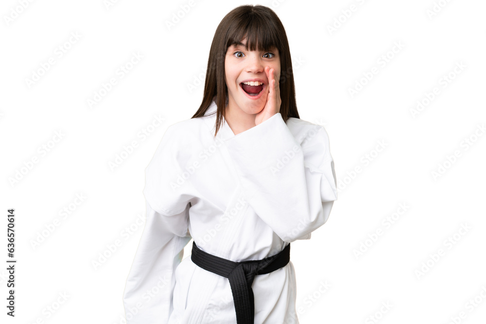 Little Caucasian girl doing karate over isolated background with surprise and shocked facial expression Little Caucasian girl doing karate over isolated background with surprise and shocked facial expression