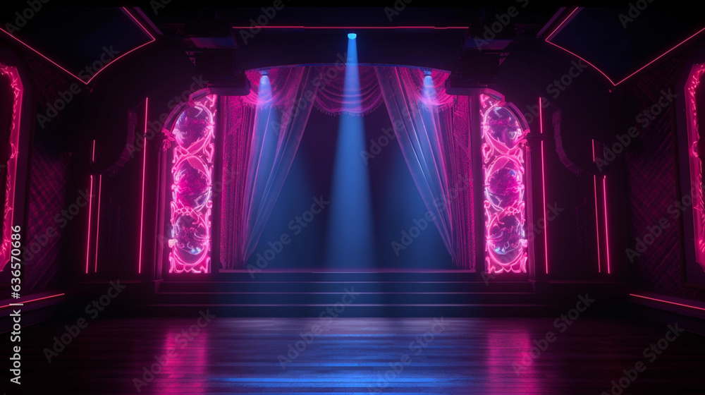 Empty dark vintage stage or podium for burlesque dance performance. Old retro theater or show. Copy space. Generative AI