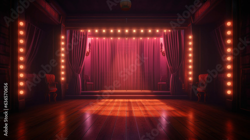 Empty dark stage or podium with red curtains. Theater or burlesque show. Copy space. Generative AI