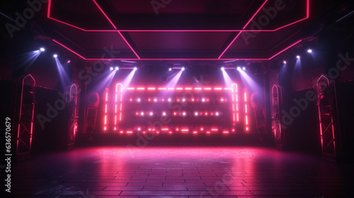 Empty stage or podium with pink neon lights. Copy space. Night club wall design. Generative AI © Odin