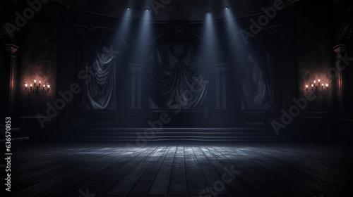 Empty dark vintage stage or podium for burlesque dance performance. Old retro theater or show. Copy space. Generative AI © Odin
