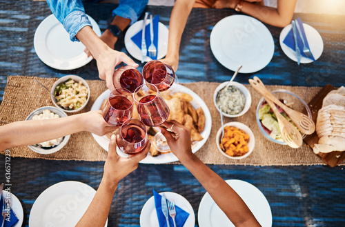 Toast, food or top of friends in restaurant to relax on holiday vacation at a party event together. Cheers, group celebration or hands of fun people eating at table for lunch, dinner or brunch meal