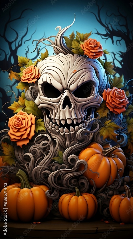 Skull with orange roses. Halloween or day of dead holidays background.