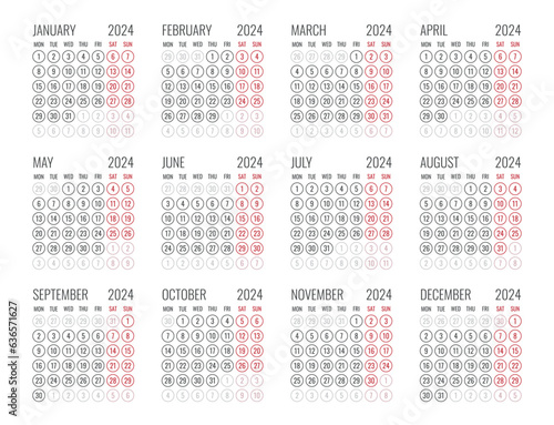 calendar for 2024 starts monday, vector calendar design 2024 year