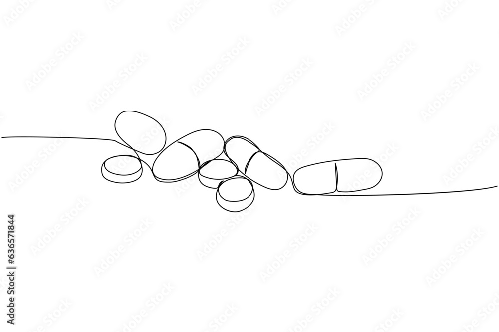 Pill, tablet, drug, pharmacy, capsule, antibiotic, aspirin, herbal, medicine one line art. Continuous line drawing of treatment, medication, medical, pharmacy, therapy, allergy